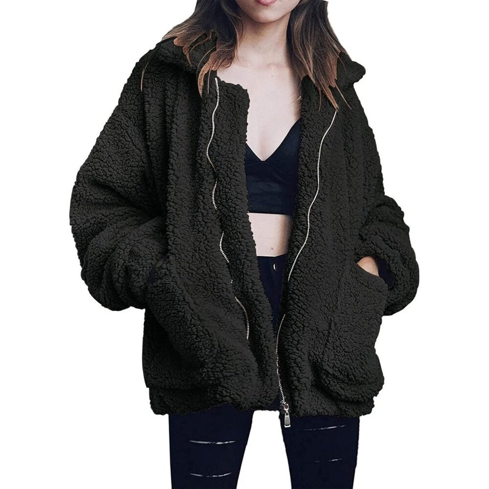 〽️Women's Classic Black Casual Fleece Zipper Oversized Outwear Coat Warm Jacket